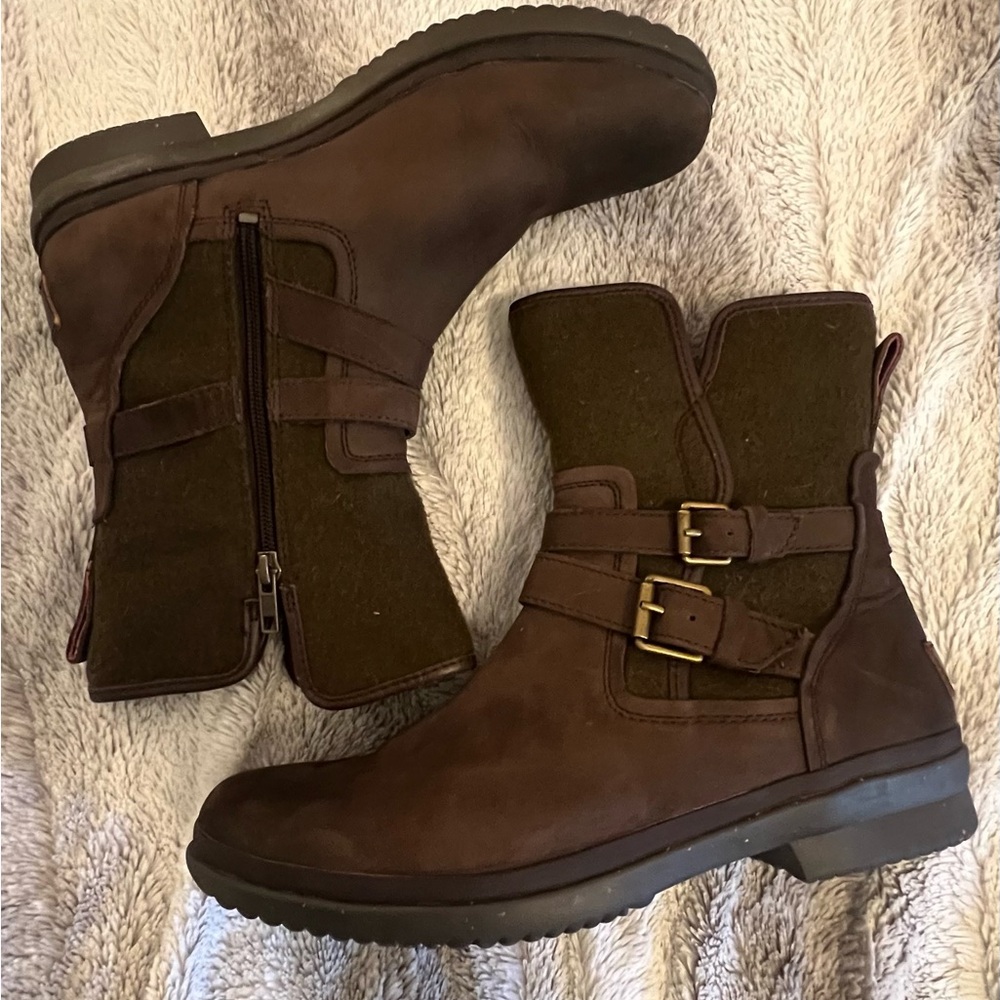 EUC UGG Waterproof Ankle Boots–Brown Leather, Army Green Felt & Shearling Lined